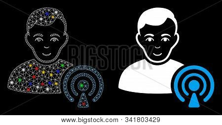 Glowing Mesh Podcast Creator Icon With Glare Effect. Abstract Illuminated Model Of Podcast Creator. 