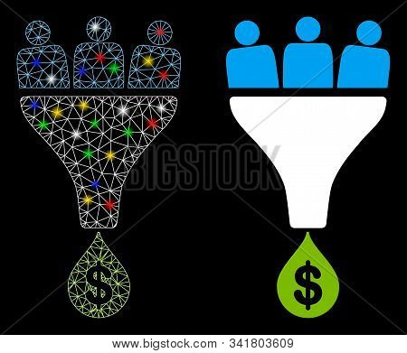 Glossy Mesh Sales Funnel Icon With Glitter Effect. Abstract Illuminated Model Of Sales Funnel. Shiny