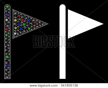 Glossy Mesh Triangle Flag Pointer Icon With Glare Effect. Abstract Illuminated Model Of Triangle Fla