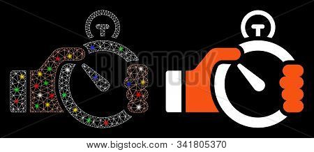 Glowing Mesh Time Management Icon With Sparkle Effect. Abstract Illuminated Model Of Time Management