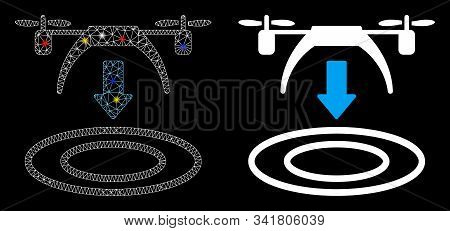 Glowing Mesh Copter Arrival Icon With Glare Effect. Abstract Illuminated Model Of Copter Arrival. Sh