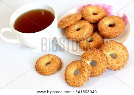 Round Cookies. Bakery Products. White Cup Of Tea. The Morning Is Sweet. Tea Ceremony.