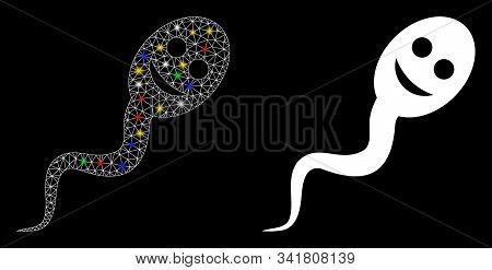 Glossy Mesh Happy Spermatozoon Icon With Glare Effect. Abstract Illuminated Model Of Happy Spermatoz