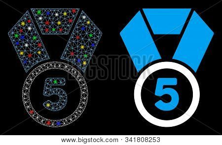 Bright Mesh 5th Place Medal Icon With Glow Effect. Abstract Illuminated Model Of 5th Place Medal. Sh