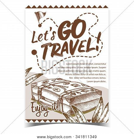 Travel Valise Luggage With Stickers Poster Vector. Lying Old Tourist Valise Container For Things And