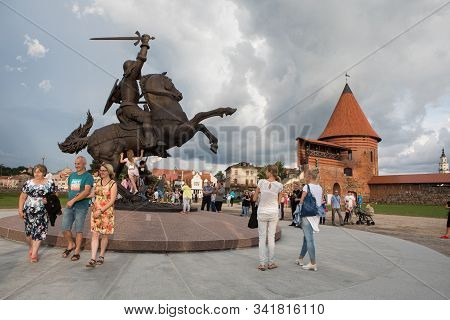 Kaunas, Lithuania - July 14, 2018: Tourists Admire Newly Erected Sculpture Freedom Warrior In Kaunas