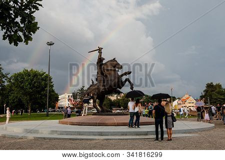 Kaunas, Lithuania - July 14, 2018: Tourists Admire Newly Erected Sculpture Freedom Warrior In Kaunas
