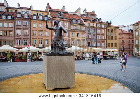 Warsaw, Poland - August 10, 2018: Statue Of Mermaid,  The Symbol Of The City Of Warsaw. This Statue 