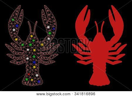Glowing Mesh Lobster Icon With Lightspot Effect. Abstract Illuminated Model Of Lobster. Shiny Wire C