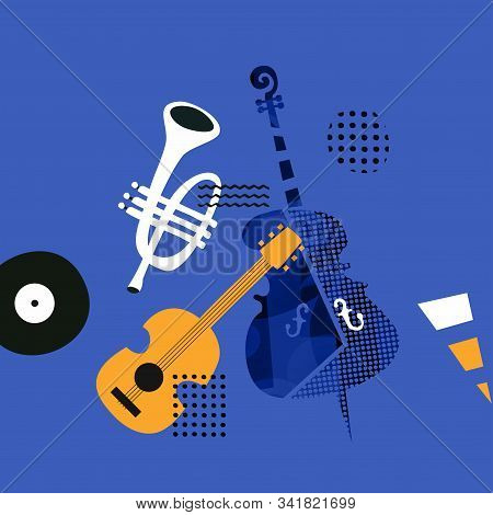 Music Promotional Poster With Violoncello, Trumpet And Guitar Vector Illustration. Artistic Music Ba