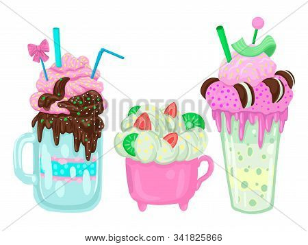 Three Different Milkshakes. Vector Objects On A White Background
