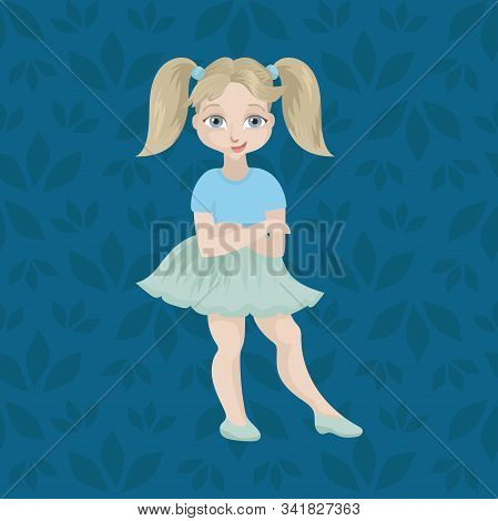 The Girl The Schoolgirl In A Self Satisfied Pose. Put Hands And Smiles. Vector Illustration