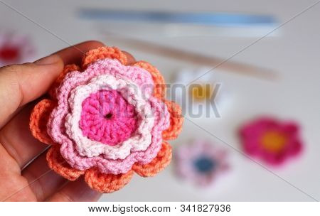 Crochet. Needlework. Beautiful Knitted Flowers. Pink And Orange Flowers. Handmade.