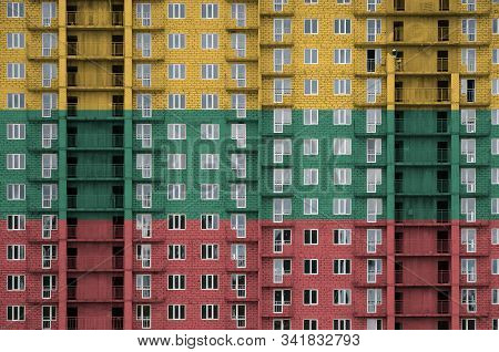 Lithuania Flag Depicted In Paint Colors On Multi-storey Residental Building Under Construction. Text