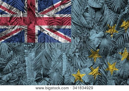 Tuvalu Flag Depicted On Many Leafs Of Monstera Palm Trees. Trendy Fashionable Backdrop