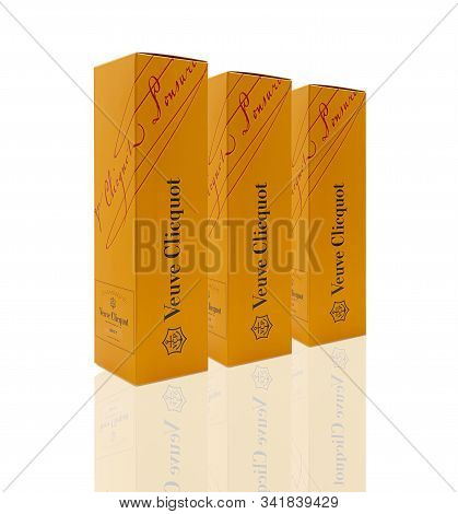 Swindon, Uk - December 22, 2019: Three Bottles Of Veuve Clicquot Champagne In Presentaion Boxes On A