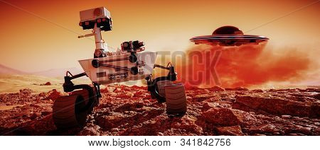 An Unidentified Flying Object Lands Behind A Mars Rover (3d Rendering)