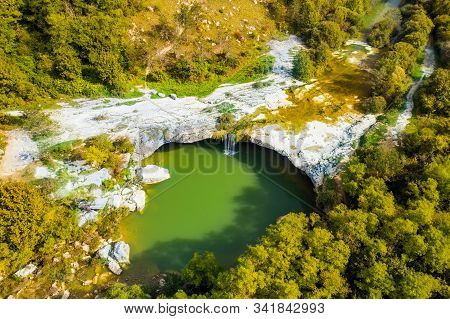 Croatia, Istria, Aerial View Of Beautiful Small Waterfall Zarecki Krov On Pazincica River Near Town 