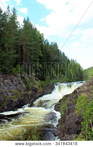 Kivach Waterfall, River Suna, Republic Of Karelia, Russia On Nature Forest Landscape Background