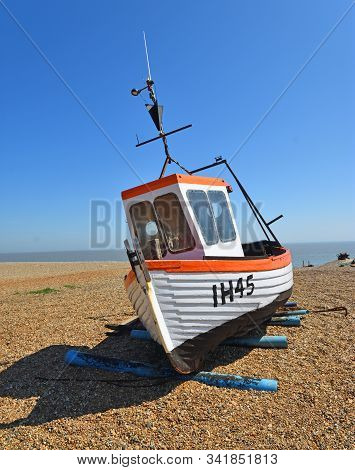 Aldeburgh, Suffolk, England - May 05, 2018: Aldeburgh Beach With Fishing Boat.