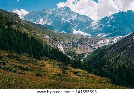 Scenic View On Majestic Mountain Landscape Above Tree Line In Pennine Alps In Summer. Canton Valais,