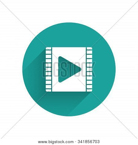 White Play Video Icon Isolated With Long Shadow. Film Strip With Play Sign. Green Circle Button. Vec