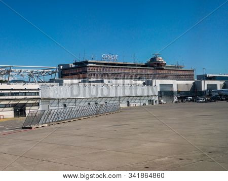 Geneve, Switzerland - July 8, 2018: Airport building with observation tower at day time