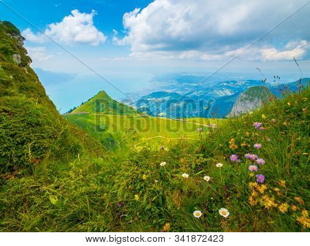 Summer landscape of Switzerland mountain nature at Rochers-de-Naye