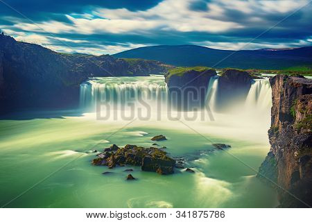 Godafoss Waterfall In Iceland, Summer Natural Travel Background