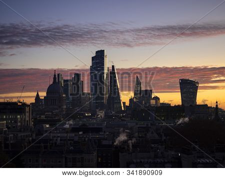 Majestic Dawn Sunrise Landscape Cityscape Over London City Sykline Looking East Along River Thames