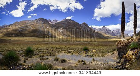 Isolated Landscape In The Andes Mountain Range, Ancash, Peru. Wild Vegetation And Hills Can Be Appre