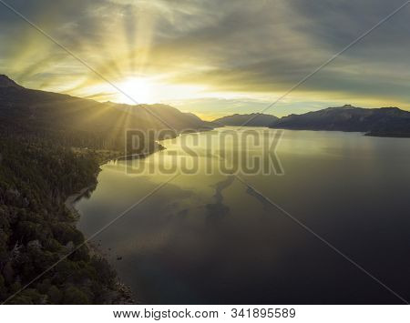 Panoramic View Of Sunset On Traful Lake. Autumn, Patagonia Argentina