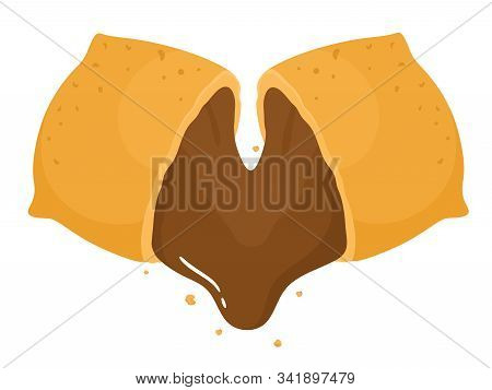 Broken Crisp Or Pillow With Flowing Chocolate. Vector Isolate In Cartoon Flat Style.