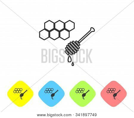 Grey Line Honeycomb With Honey Dipper Stickicon Isolated On White Background. Honey Ladle. Honey Cel