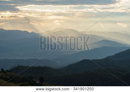 Sunlight Ray Shining On Beautiful Rice Terraces During Sunset In Pa Bong Piang Village In Chiangmai,