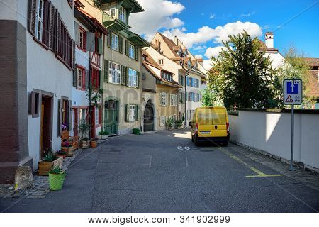 Basel, Switzerland - April 17, 2019. Historical Residential Houses On The Petersgasse Street In The 