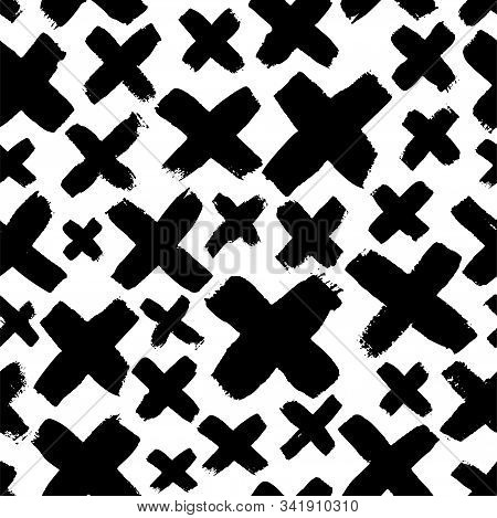 X Pattern Vector Seamless Background. Black And White Grunge Texture With Crosses Or Pluses. Abstrac
