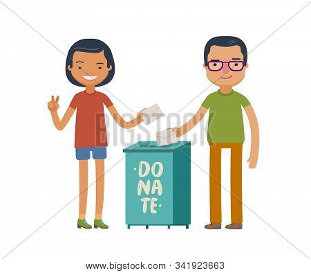 People Make Donations. Donate, Charity Concept. Funny Vector Illustration
