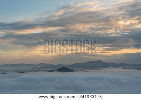 Beautiful View Of Sea Of Mist At Ayersweng View Point In The Morning In Public Park In Betong, Thail