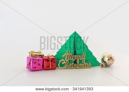 Paper Christmas Tree ,with  Ball And Gift,ornament On White Background,copy Space