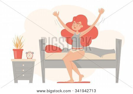 Beautiful woman stretching in her bed vector isolated. Girl raising arms up in the morning. Woman in underwear in the bedroom.