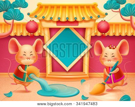 Poster For 2020 Cny With Rats Cleaning Temple With Water. Greeting Card For Chinese Holiday With Mou