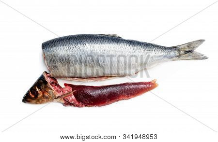 Fresh  Herring Fish With Caviar Isolated On White