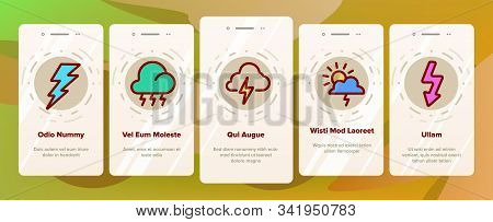 Thunder And Lightning Onboarding Mobile App Page Screen Vector. Thunder And Raining Clouds, Umbrella