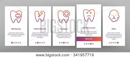 Toothache Onboarding Mobile App Page Screen Vector. Dental Toothache And Caries, Enamel Damaged And 