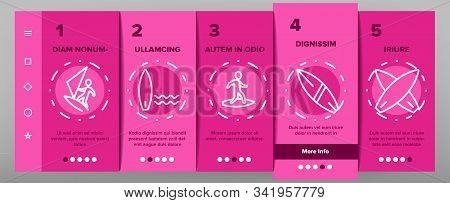Surfboard Onboarding Mobile App Page Screen Vector. Human Silhouette On Surfboard And Wave, Swimming