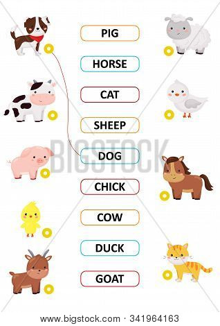 Match The Words. Cute Kawaii Farm Animals. Learn English Vocabulary. Educational Game For Children. 