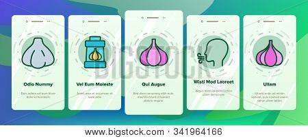 Garlic Spicy Vegetable Onboarding Mobile App Page Screen Vector. Smell From Mouth And Garlic Press, 