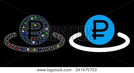 Glossy Mesh Rouble Deposit Icon With Lightspot Effect. Abstract Illuminated Model Of Rouble Deposit.