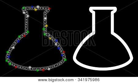 Bright Mesh Empty Rounded Retort Icon With Glare Effect. Abstract Illuminated Model Of Empty Rounded